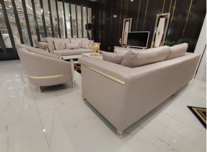 Luxus Sofagarnitur 3+3+1 Sitzer Design Möbel Beige Sessel Sofa Textil Holz Neu